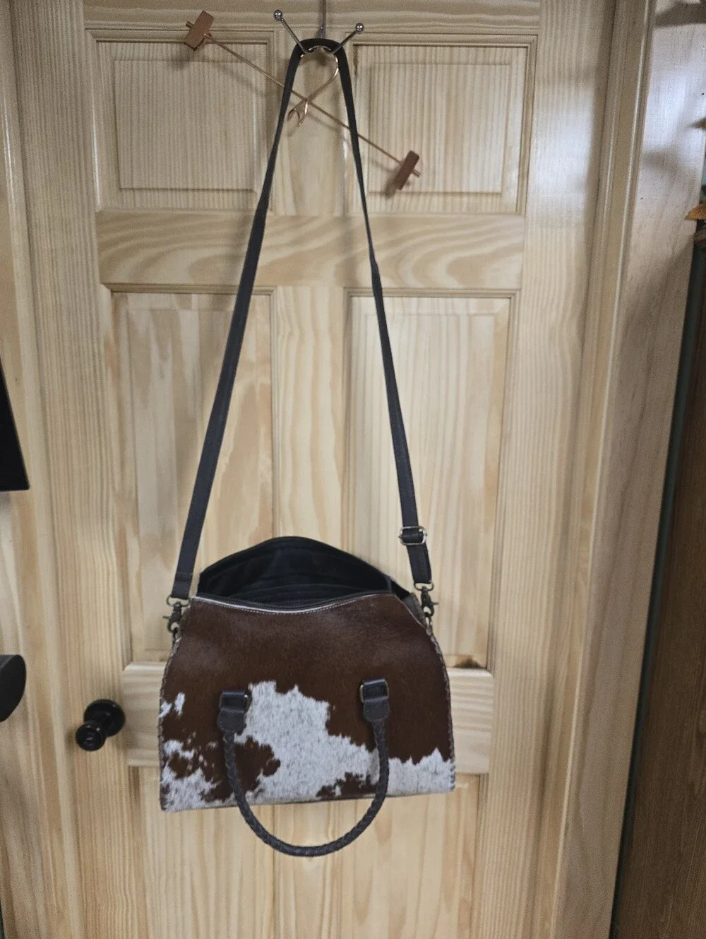 Brown and White Cowhide Dome Satchel - Women's Shoulder Bag